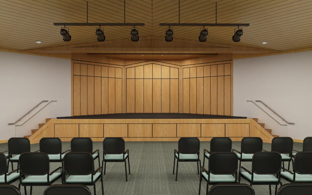 RENDERING OF STAGE SHOWING NEW STAGE EXTENSION IN CLOSED POSITION, WOOD PANELING & THEATRICAL LIGHTS