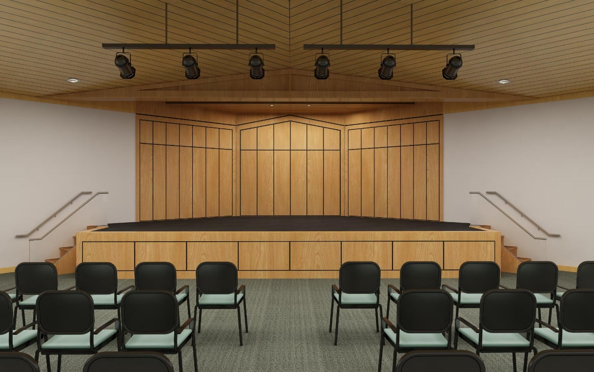 RENDERING OF STAGE SHOWING NEW STAGE EXTENSION IN OPEN POSITION, WOOD PANELING & THEATRICAL LIGHTS