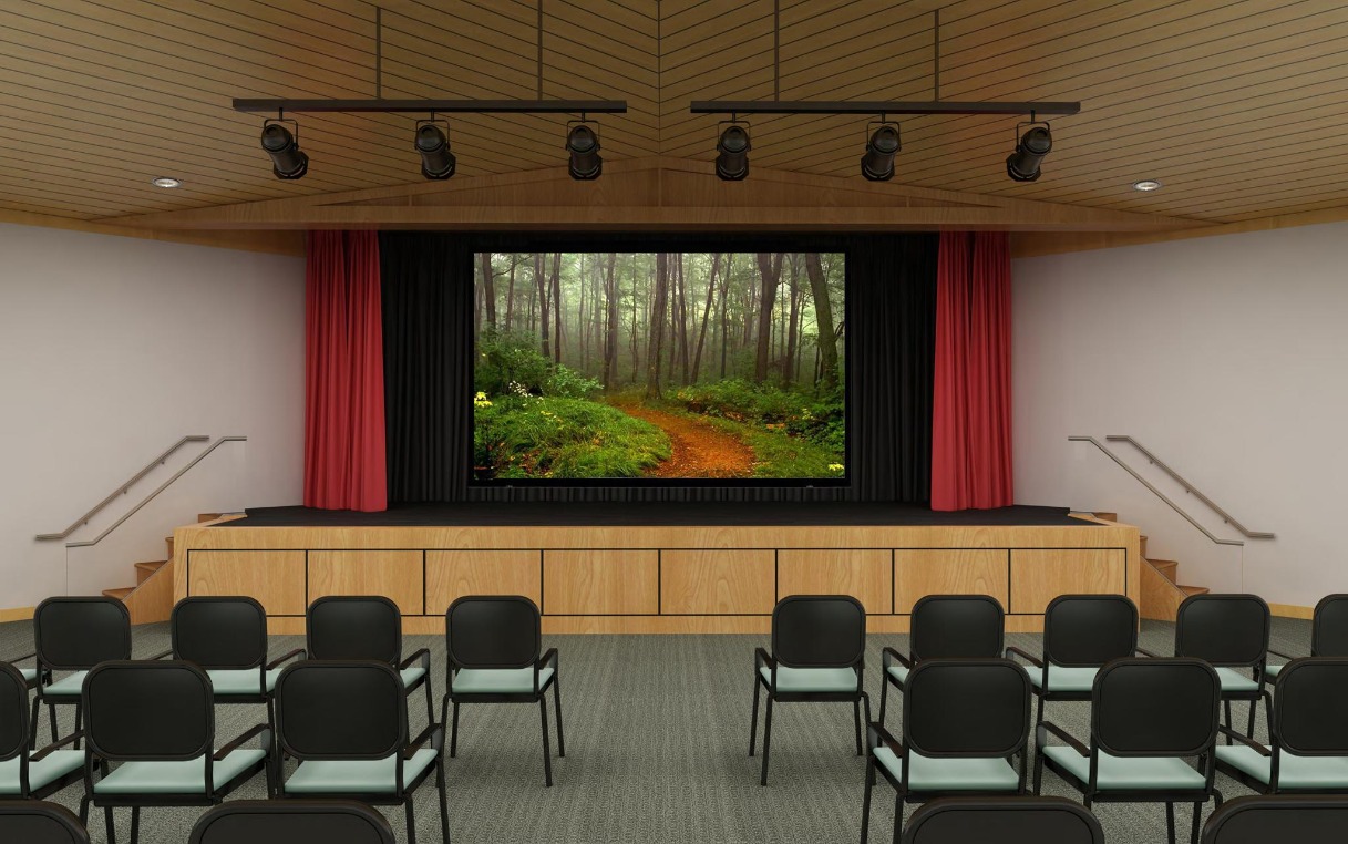 RENDERING OF STAGE SHOWING NEW STAGE EXTENSION, THEATRICAL LIGHTS, STAGE CURTAINS & PROJECTION SCREEN